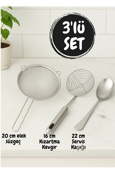 BRE HOME 3-Piece Stainless Steel Kitchen Set – 20 cm Strainer, Frying Colander, Serving Spoon
