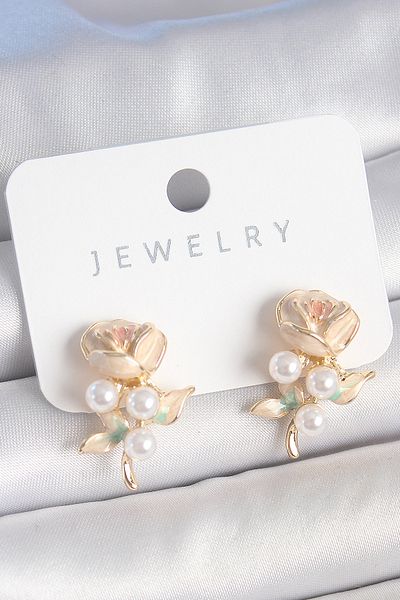 Skygo Brass Gold Color White Enamel Pearl Detail Rose Model Women's Earrings - Tj-Bkp10499