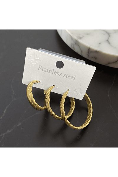 FM Gold Color Twist Patterned Antiallergic 316L Steel Set of 3 Hoop Earrings