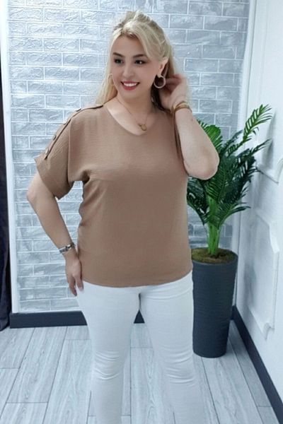 Bİ.GİYSEN Women's Brown Plus Size Shoulder Button Detailed Lycra Blouse