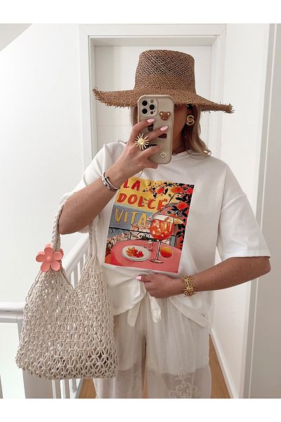 Jose Clothing White Premium Soleil Series Oversize Cut Organic Cotton Short Sleeve Printed T-Shirt