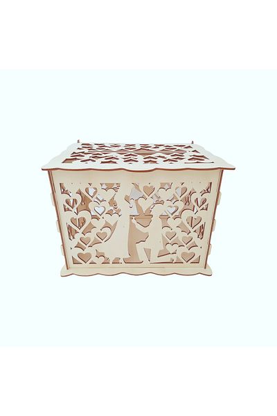decoratiuniromania Cutie pentru dar de nunta, cutie bani pentru miri, cuplu romantic, lemn natural, 30x24x22.5CM