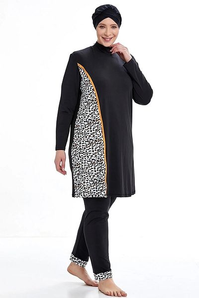 Bordomix 4376 Women's Black Leopard Patterned Large Size Hijab Swimsuit