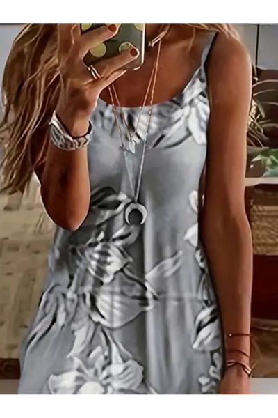 modaserdem Women's Strappy Round Neck Skirt Wide Cut Patterned Single Jersey Dress