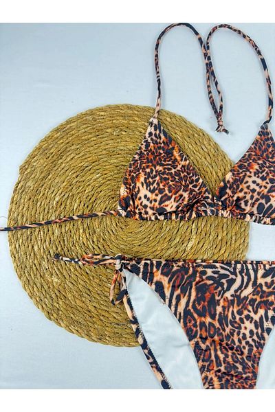 XORVİO Women's Lycra Stretchy Side and Halter Neck Stylish Drawstring Leopard Pattern Bikini Suit