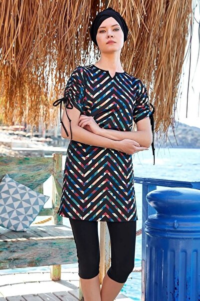 Bordomix 3410 Women's Black Patterned Sleeve Shirred Short Sleeve Swimsuit Set