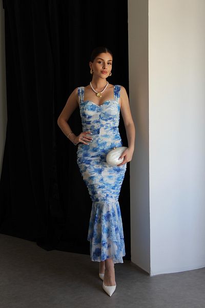 Julidress Rochie din șifon premium de lungime midi, cu bretele cu șnur, albastru și alb