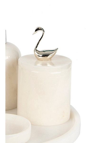 ege gross Decorative White Marble Cotton Holder with Silver Silver Swan Detail