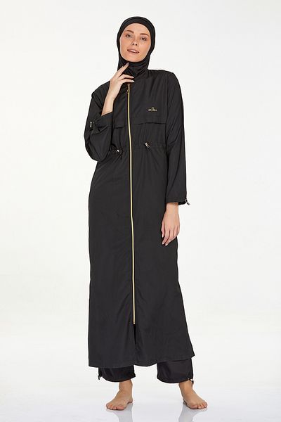 Bordomix 1267 Black Complete Zippered Adjustable Long Hijab Swimsuit (with Large Size Option)