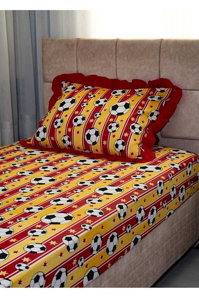 Elena textile & underwear Frilly Single Cotton Fitted Sheet Set Pillow Fan Set Yellow Red