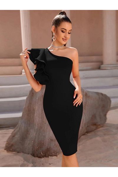 Butik Women's One Shoulder Open the Other Shoulder Flywheel Detail Midi Imported Crepe Dress