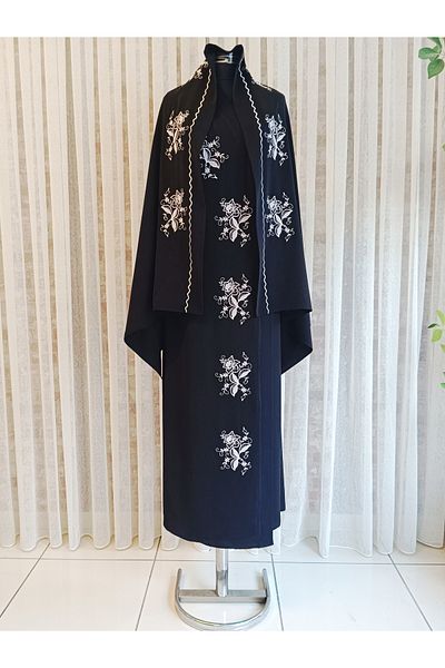 Misue Handmade Medina Silk Embroidered Tied Prayer Dress+Shawl, Silk Morning Gowns, Dowry Prayer Dress & Morning Gowns