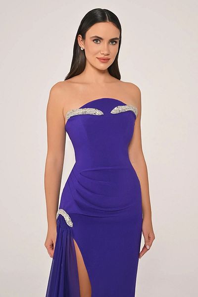 ALFABETA Strapless Dress with Accessories, Side Chiffon Train, Long Crepe Gown