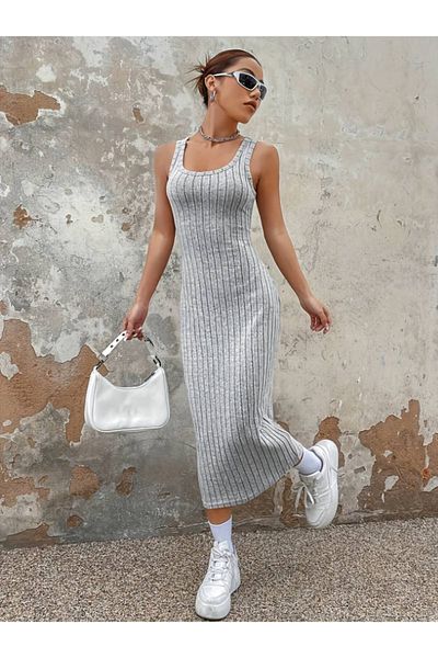modaserdem Women's Thick Strap Square Collar Ribbed Camisole Midi Dress