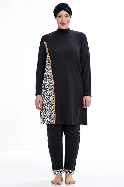 Bordomix 4376 Women's Black Leopard Patterned Large Size Hijab Swimsuit