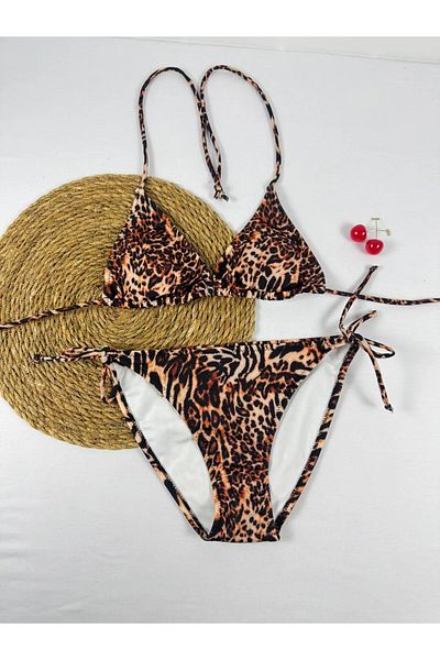 XORVİO Women's Lycra Stretchy Side and Halter Neck Stylish Drawstring Leopard Pattern Bikini Suit
