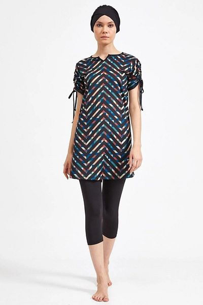 Bordomix 3410 Women's Black Patterned Sleeve Shirred Short Sleeve Swimsuit Set