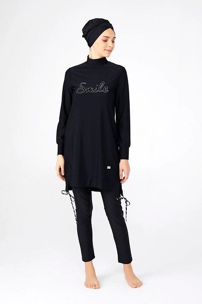 Bordomix 4241 Women's Black Lacing Detailed Smile Hijab Swimsuit