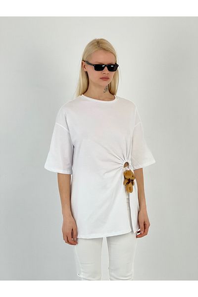 Miss Poem Women's Teddy Bear Accessory Detailed Low Sleeve White T-Shirt