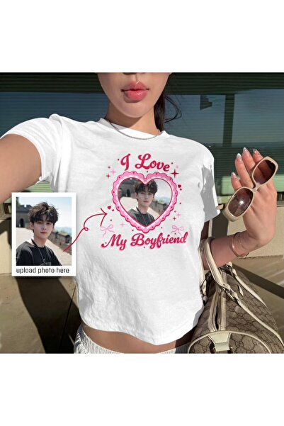 Aesthia Beyaz I love My Boyfriend Kişiye Özel Fotoğraf Baskılı Crop -Minga London