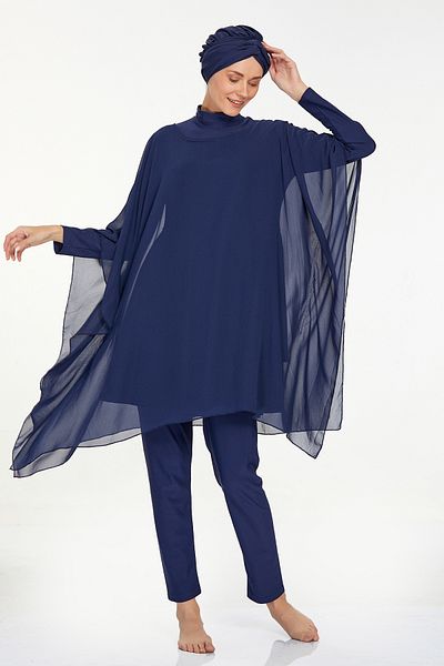 Bordomix 6038 Women's Navy Blue Tulle Cape Detailed Hijab Swimsuit