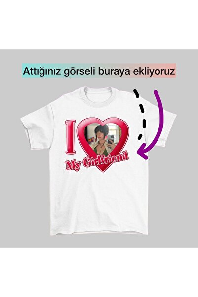 Aesthia BeyazI My Girlfriend Kişiye Özel Fotoğraf Baskılı Oversize Tshirt -Mi...