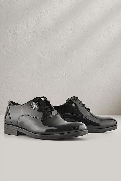 Rakerplus Black Patent Leather Laced Floral Detailed Children's Classic Shoes
