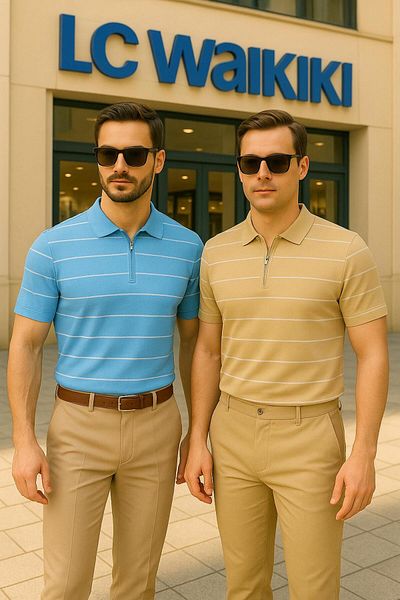 LC Waikiki Advantageous Pack of 2 Polo Collar Zippered Striped Short Sleeve Men's Summer Knitwear T-Shirt / T-Shirt