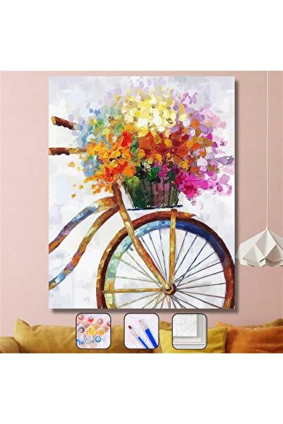 Pastelya Sayılarla Boyama Seti Çerçeveli Kasnaklı Çiçekli Bisiklet 40x50 cm