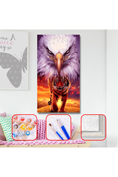 Pastelya Sayılarla Boyama Seti Çerçeveli Kasnaklı Kaplan Ve Kartal 40x50 cm