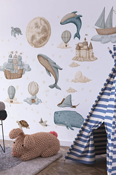 KT Decor Set de autocolante de perete pentru camera copiilor, lumea subacvatică, visul balenei, stele și lună