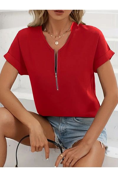 satenmoda Ahes Shopping Women's Short Sleeve V Neck Zipper Shabby Sandy Blouse