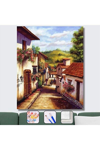 Pastelya Sayılarla Boyama Seti Çerçeveli Kasnaklı Taş Evler 60x75 cm