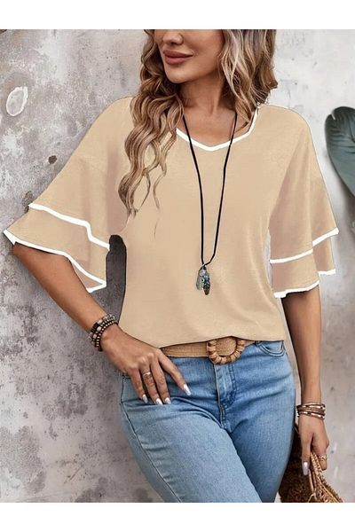 modaserdem Women's Short Sleeve V-Neck Viscose Blouse