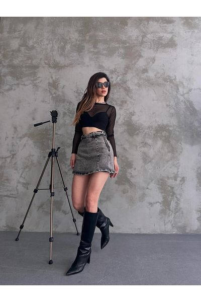 LOBOLIC Women's Slit Detailed Denim Shorts Skirt