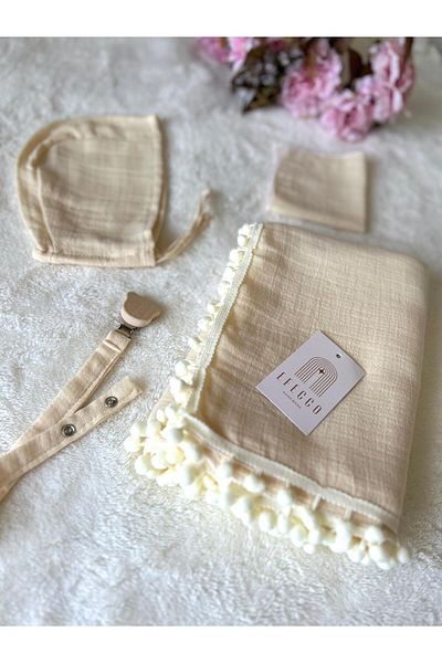 efecco Pompom Natural Color 100% Cotton 4-Piece Multi-Purpose Muslin Cloth, Cover, Blanket Set
