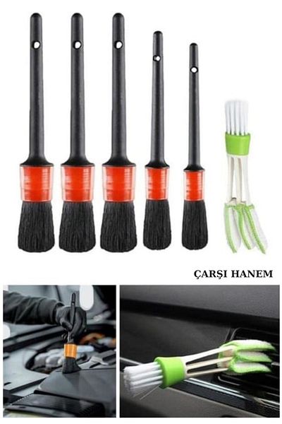 ÇARŞI HANEM Auto Detail Brush Set 6 Pieces Quality Detailed Different Sizes 5+1 Set Car Detail and Air Conditioning Brush
