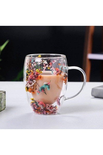 Generic Pyrex Glass Cup Two-Layer Transparent Decorated With Dried Flowers On The Inside With A Handle,300ML