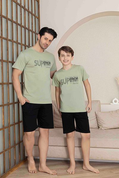 Tarık Father Son Combined Alk Top Short Sleeve Bermuda Boy Shorts Cycling Collar Pajama Set-4008