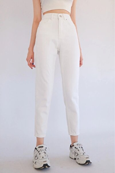 TugsatTasarTekstil Білі джинси-бойфренди з високою талією для жінок, що підтягують фігуру