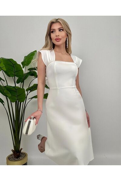 Masspera Μίντι φόρεμα με λουράκι με τετράγωνο γιακά με μαργαριταρένια λεπτομέρεια