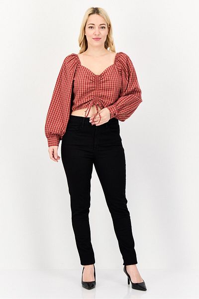 Levi's Women Sweetheart Neckline Long Sleeve Checkered Crop Top, Multicolor