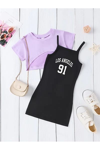 DLRboutique Cotton Los Angeles Printed Top Crop Lila Sweat - Bottom Black Dress