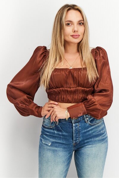NA-KD Women Square Neck Long Sleeves Shiny Blouse Tops, Brown