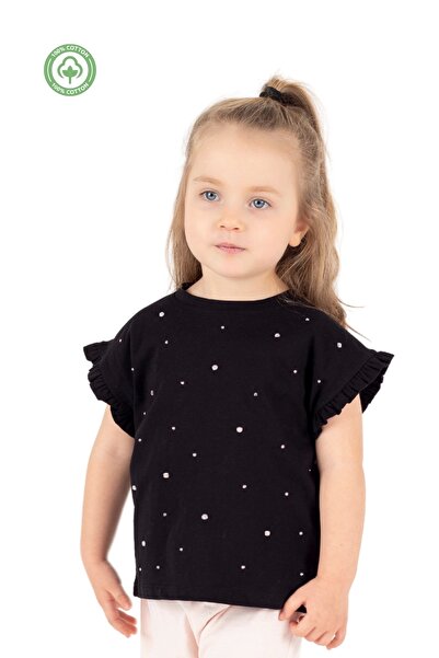Divonette تي شيرت بناتي بأكمام مكشكشة 100% قطن مع تفاصيل حجرية باللون الأسود