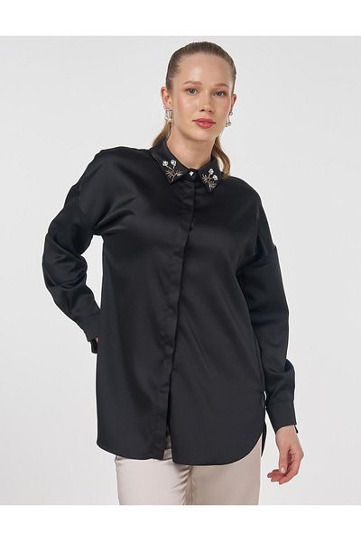 Kayra Embroidered Satin Tunic Black