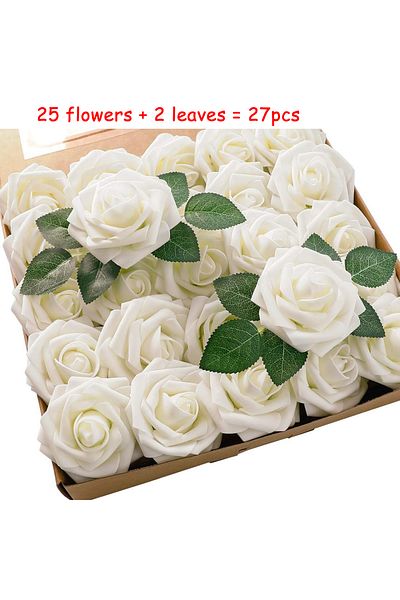 Choice WHITE 27pcs Artificial Flowers, Fake Flowers Roses W/stem For Party DIY Wedding Bouquets Centerpiece