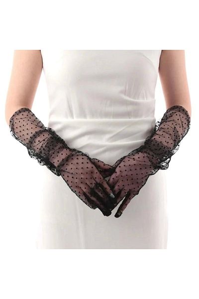 PRATİKOBA Long Size Black Polka Dot Black Color Adult Tulle Gloves 55 Cm