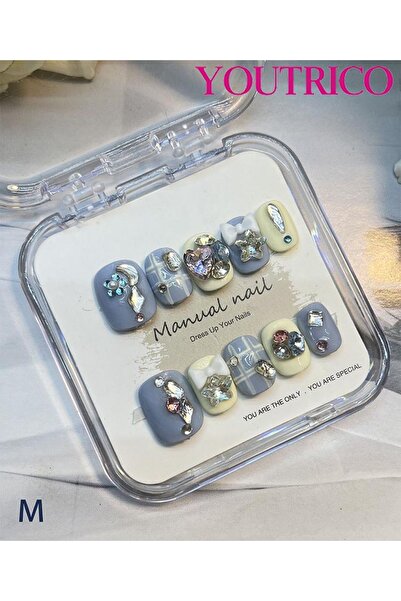 Youtrico أظافر صناعية قصيرة من Vintage Luxe Squoval مصنوعة يدويًا، مقاس 264#M