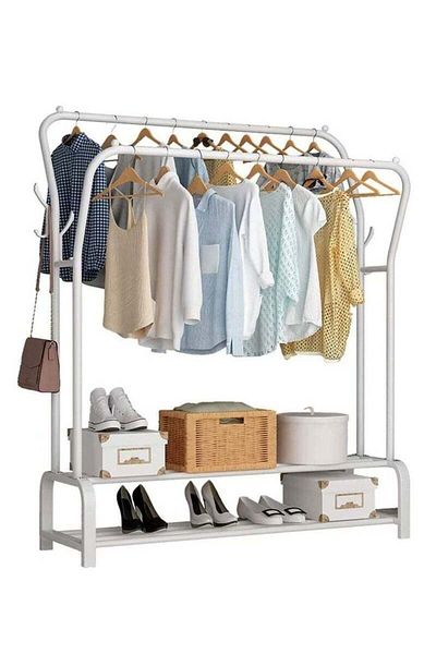 COOYA Clothes Organizer and Holder, Clothing Stand Metal, Garment Rack (white with Two Shelves)